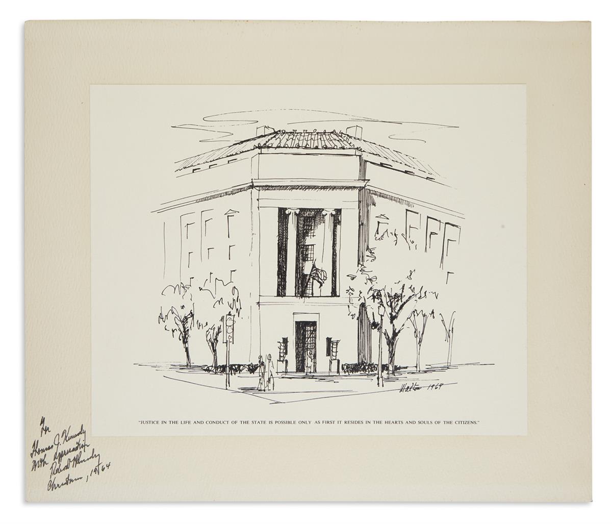 ROBERT F. KENNEDY. Print Signed and Inscribed, to Thomas J. Kenney, reproduction of a drawing by Walton showing the Depa...